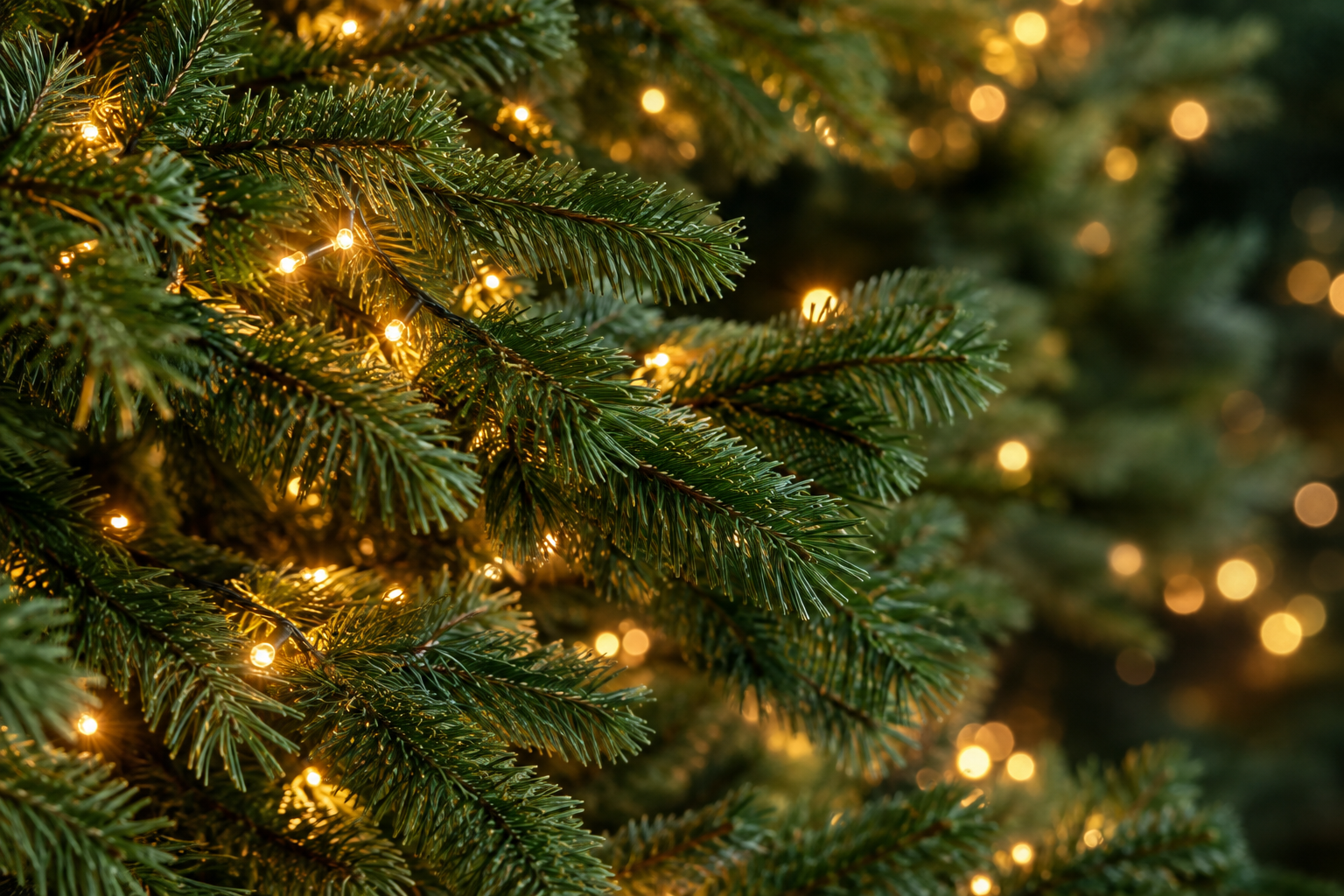 Fresh evergreen branches glowing with warm Christmas lights
